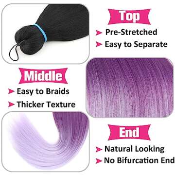 Unionbeauty 26 Inch Black to Purple Ombre Braiding 2Packs Pre Stretched Crochet Braid Easy Braid Hair Extensions Synthetic Braiding Hair for Box Goddess Braids Yaki Texture Hot Water Setting