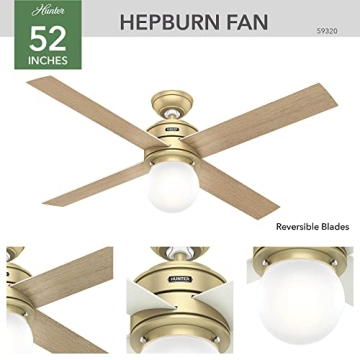 Hunter Fan Company, 59320, 52 inch Hepburn Modern Brass Ceiling Fan with LED Light Kit and Wall Control