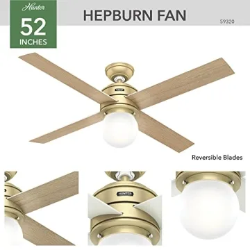 Hunter Fan Company, 59320, 52 inch Hepburn Modern Brass Ceiling Fan with LED Light Kit and Wall Control