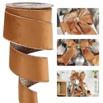 HUIHUANG Copper Christmas Wired Ribbon 2-1/2" Copper Velvet Tree Ribbon with Glitter Copper Backing,...