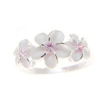 Arthur's Jewelry Sterling silver 925 3 Hawaiian plumeria flower ring pink cz size 10