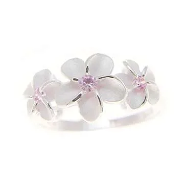Arthur's Jewelry Sterling silver 925 3 Hawaiian plumeria flower ring pink cz size 10