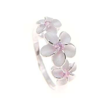 Arthur's Jewelry Sterling silver 925 3 Hawaiian plumeria flower ring pink cz size 10
