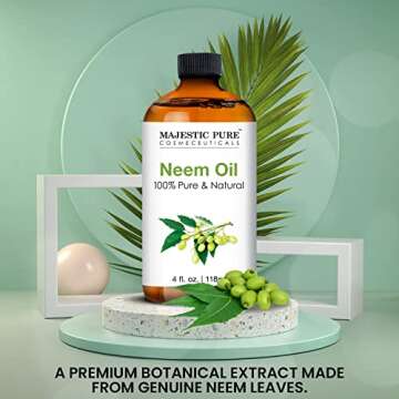 Majestic Pure Neem Oil for Plants Spray and Essential Oils Mixing, 100% Pure Cold Pressed, Great for Skin/Hair Care, Massage Oil, Nails, Acne & Moisturizer for Dry Skin, 4 Fl Oz