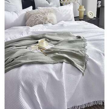 KyraHome 100% Organic Cotton 50"x60" Cotton Throw Blanket for Couch Adult, Pre-Washed Plant Dyed Breathable Lightweight Gauze Soft Blanket for Women, All Season (Sage Green)