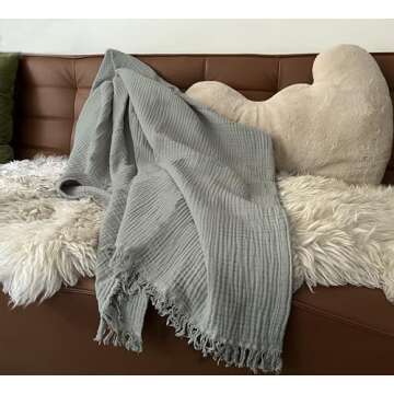 KyraHome 100% Organic Cotton 50"x60" Cotton Throw Blanket for Couch Adult, Pre-Washed Plant Dyed Breathable Lightweight Gauze Soft Blanket for Women, All Season (Sage Green)