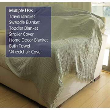 KyraHome 100% Organic Cotton 50"x60" Cotton Throw Blanket for Couch Adult, Pre-Washed Plant Dyed Breathable Lightweight Gauze Soft Blanket for Women, All Season (Sage Green)