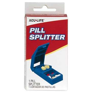 Acu-Life Pill Cutter and Splitter with Dispenser, Cuts Pills, Vitamins, Tablets, Stainless Steel Blade, Travel Sized, Includes Storage Container, Color May Vary, BPA Free