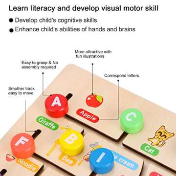 Wooden Alphabet Maze Board, ABC 26 Letters Match Puzzle Learning Toys Early Educational Motor Skill Activity Matching Games with Cute Illustrations for Kids Toddlers Gifts