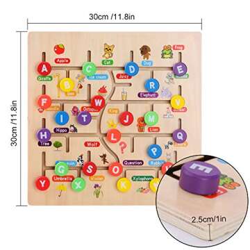 Wooden Alphabet Maze Board, ABC 26 Letters Match Puzzle Learning Toys Early Educational Motor Skill Activity Matching Games with Cute Illustrations for Kids Toddlers Gifts