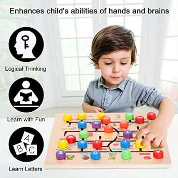 Wooden Alphabet Maze Board, ABC 26 Letters Match Puzzle Learning Toys Early Educational Motor Skill Activity Matching Games with Cute Illustrations for Kids Toddlers Gifts