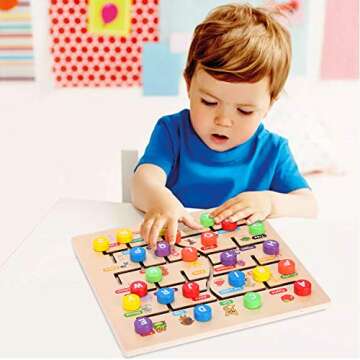 Wooden Alphabet Maze Board, ABC 26 Letters Match Puzzle Learning Toys Early Educational Motor Skill Activity Matching Games with Cute Illustrations for Kids Toddlers Gifts