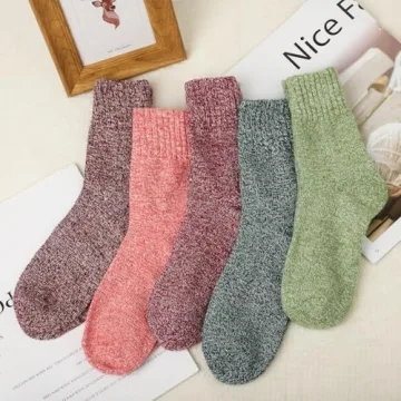 Vintage Wool Knit Crew Socks for Women - 5 Pairs