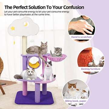 Cat Tree, Cute Multi-Level Purple Cat Tower, Moon Cat Trees for Indoor Cats. Cozy Cats Furniture Condo, with Cat Scratching Post and Funny Toys, Cat Lover Gift