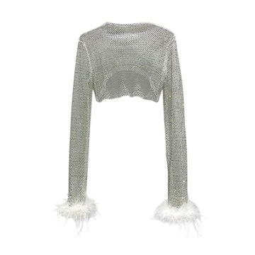 Rhinestone Crop Top with Feather Cuffs for Parties