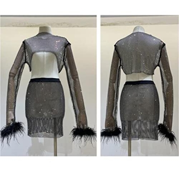 Rhinestone Crop Top with Feather Cuffs for Parties