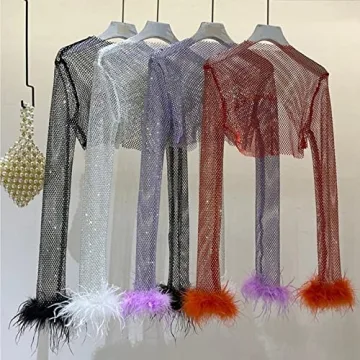 Rhinestone Crop Top with Feather Cuffs for Parties