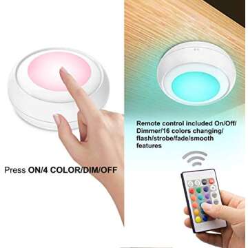 LUXSWAY Battery LED Color Puck Lights Stick Up Push Lights with Remote 16 Color Changing LED Fairy L...