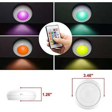 LUXSWAY Battery LED Color Puck Lights Stick Up Push Lights with Remote 16 Color Changing LED Fairy Lights Wireless Tap Lights Dimmable Under Cabinet Light Battery Powered RGB Night Light -4Pack