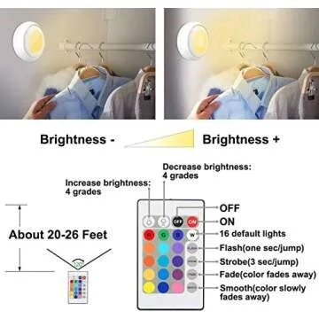 LUXSWAY Battery LED Color Puck Lights Stick Up Push Lights with Remote 16 Color Changing LED Fairy Lights Wireless Tap Lights Dimmable Under Cabinet Light Battery Powered RGB Night Light -4Pack