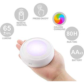 LUXSWAY Battery LED Color Puck Lights Stick Up Push Lights with Remote 16 Color Changing LED Fairy Lights Wireless Tap Lights Dimmable Under Cabinet Light Battery Powered RGB Night Light -4Pack