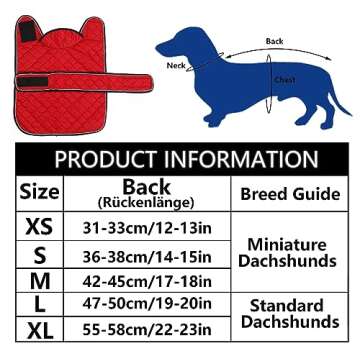 Geyecete Warm Thermal Quilted Dachshund Coat, Dog Winter Coat with Warm Fleece Lining, Outdoor Dog Apparel with Adjustable Bands for Medium, Large Dog-Red-S
