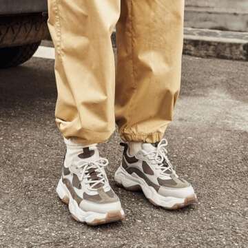 BEAU TODAY Chunky Sneakers for Women, Womens Fashion Sneakers, Lace Up Platform Comfortable Leather Casual Dad Shoes Beige Brown US 7