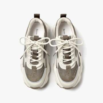 BEAU TODAY Chunky Sneakers for Women, Womens Fashion Sneakers, Lace Up Platform Comfortable Leather Casual Dad Shoes Beige Brown US 7