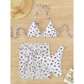 Floerns Women's 3 Piece Halter Bikini Set with Beach Skirt