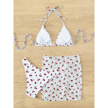 Floerns Women's 3 Piece Halter Bikini Set with Beach Skirt