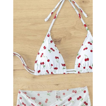 Floerns Women's 3 Piece Halter Bikini Set with Beach Skirt