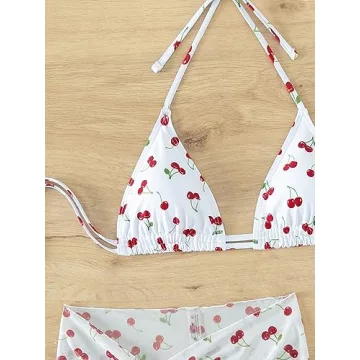 Floerns Women's 3 Piece Halter Bikini Set with Beach Skirt