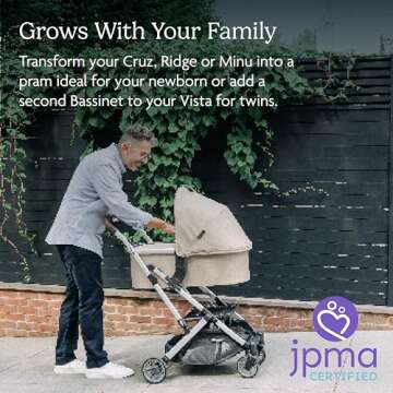 UPPAbaby Bassinet/Compatible with Vista, Cruz, Ridge, Minu Strollers/Overnight Sleep Solution/Mattress, Sheet, and Bug Shield Included/Gregory (Blue Mélange/Silver Frame)