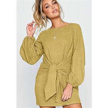 PRETTYGARDEN Women’s Elegant Long Lantern Sleeve Short Dress Crewneck Tie Waist Knit Cocktail Dres...