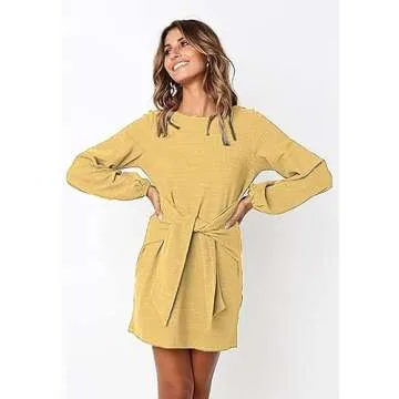 PRETTYGARDEN Women’s Elegant Long Lantern Sleeve Short Dress Crewneck Tie Waist Knit Cocktail Dress (Corn Yellow, Large, l)