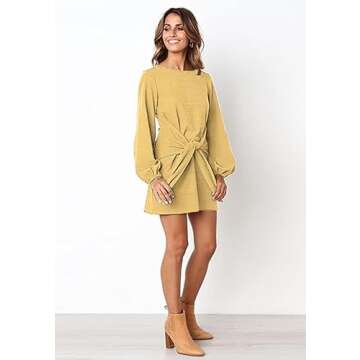 PRETTYGARDEN Women’s Elegant Long Lantern Sleeve Short Dress Crewneck Tie Waist Knit Cocktail Dress (Corn Yellow, Large, l)