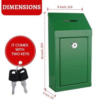 Metal Donation Box Charity Steel Collection Box Office Suggestion Box Secure Box With Top Slot and Lock with Keys Wall Mount with pre drilled holes 10x6x2.5" Key Drop Box for Home Office(Green)