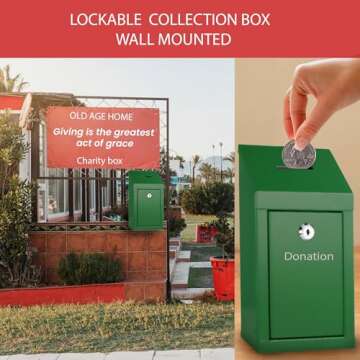 Metal Donation Box Charity Steel Collection Box Office Suggestion Box Secure Box With Top Slot and Lock with Keys Wall Mount with pre drilled holes 10x6x2.5" Key Drop Box for Home Office(Green)