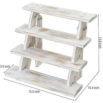 MyGift 4 Tier Shabby White Washed Solid Wood Cascading Collectible Figurine Display Riser, Countertop Stair Step Shelf Spice Rack or Cupcake Dessert Stand, 15.5" x 14"