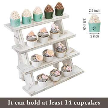 MyGift 4 Tier Shabby White Washed Solid Wood Cascading Collectible Figurine Display Riser, Countertop Stair Step Shelf Spice Rack or Cupcake Dessert Stand, 15.5" x 14"