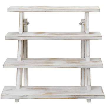 MyGift 4 Tier Shabby White Washed Solid Wood Cascading Collectible Figurine Display Riser, Countertop Stair Step Shelf Spice Rack or Cupcake Dessert Stand, 15.5" x 14"