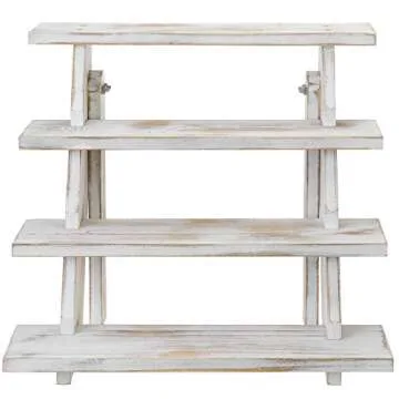 MyGift 4 Tier Shabby White Washed Solid Wood Cascading Collectible Figurine Display Riser, Countertop Stair Step Shelf Spice Rack or Cupcake Dessert Stand, 15.5" x 14"