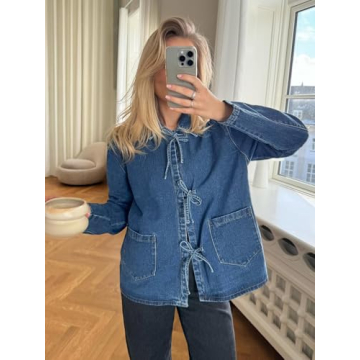 PLNOTME Women's Denim Shacket Trendy Tie Front Fall Fashion