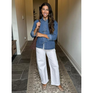 PLNOTME Women's Denim Shacket Trendy Tie Front Fall Fashion