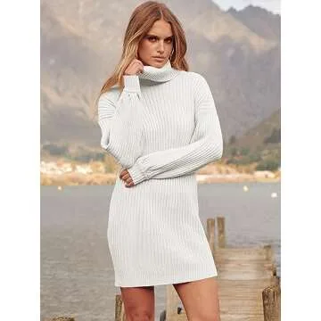 ANRABESS Women Oversized Sweater Dress Turtleneck Batwing Long Sleeve Ribbed Knit Loose 2024 Fall Winter Casual Short Dress a240bai-XL White