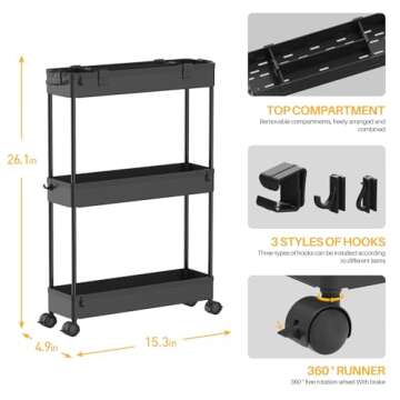 Slim Storage Cart,3 Tier Bathroom Rolling Utility Cart Storage Organizer Slide Out Cart, Mobile Shelving Unit Organizer Trolley for Office Bathroom Kitchen Laundry Room Narrow Places