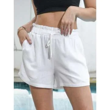 Fancysters Womens Linen Casual Shorts High Waisted Cotton Shorts Summer Flowy Beach Drawstring Shorts with Pockets (C2-Black-XL)