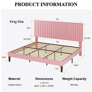 SHA CERLIN King Upholstered Platform Bed Frame with Adjustable Headboard/Vertical Channel Tufted Velvet Fabric/Wooden Slats Support/Mattress Foundation/Box Spring Optional/Pink