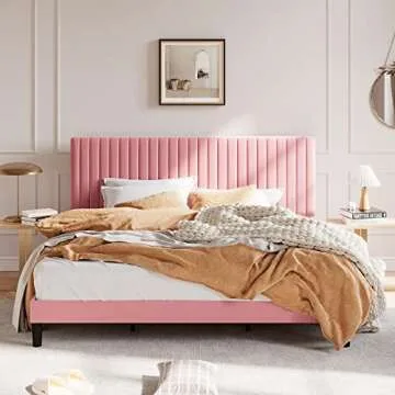 SHA CERLIN King Upholstered Platform Bed Frame with Adjustable Headboard/Vertical Channel Tufted Velvet Fabric/Wooden Slats Support/Mattress Foundation/Box Spring Optional/Pink