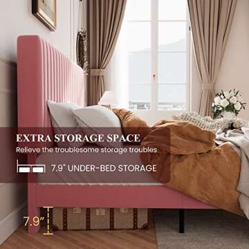 SHA CERLIN King Upholstered Platform Bed Frame with Adjustable Headboard/Vertical Channel Tufted Velvet Fabric/Wooden Slats Support/Mattress Foundation/Box Spring Optional/Pink